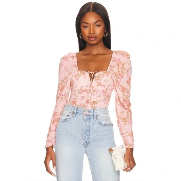Free People Hilary printed top pink combo floral puff sleeve open back - Picture 1 of 10